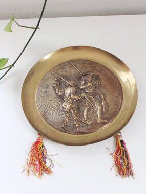Vintage Korean Brass Repoussé Wall Hanging Plate Relief - Fisherman Scene